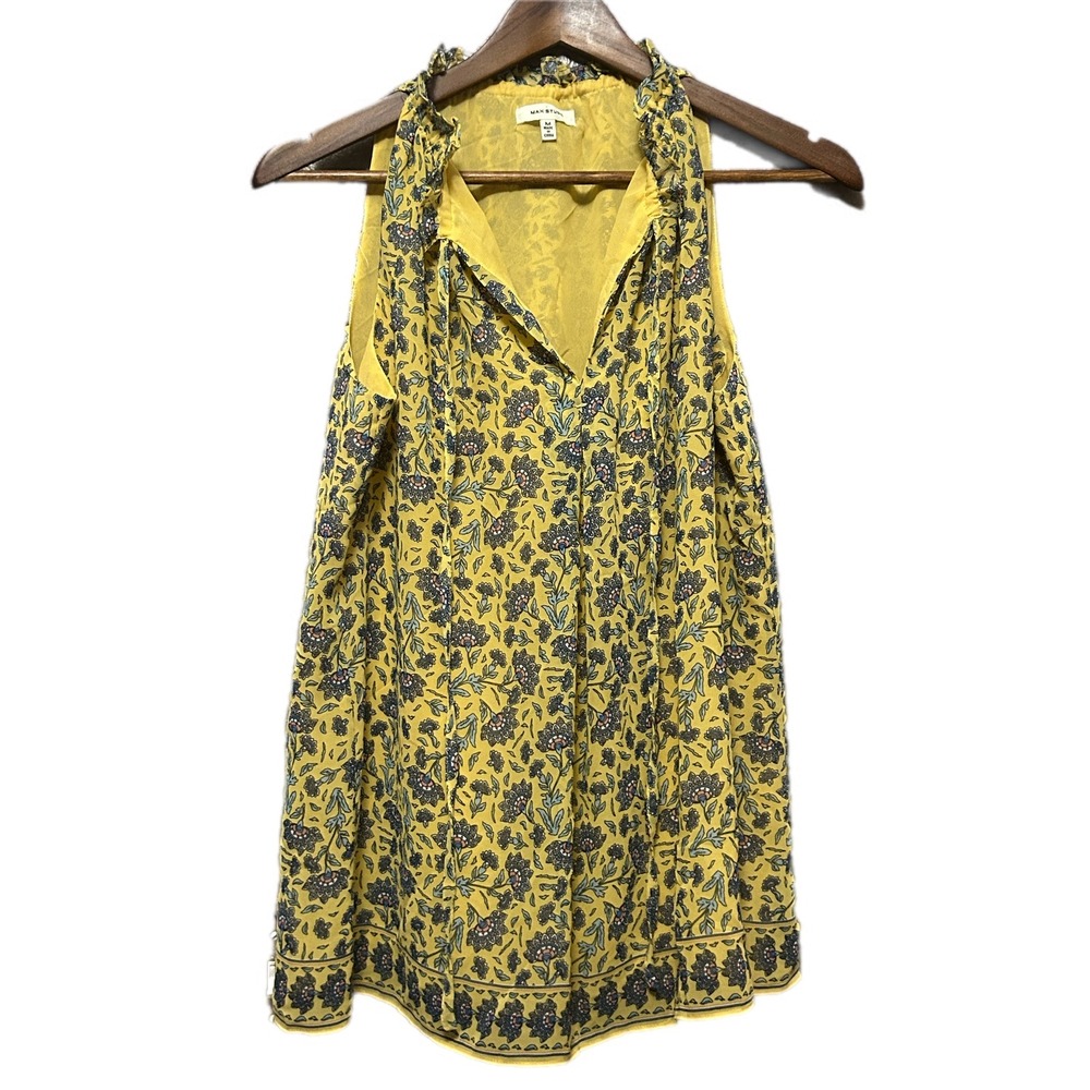 Max Studio Floral Blouse Womens M Yellow Good Ruffle Tie Neck Sleeveless 2704Y36